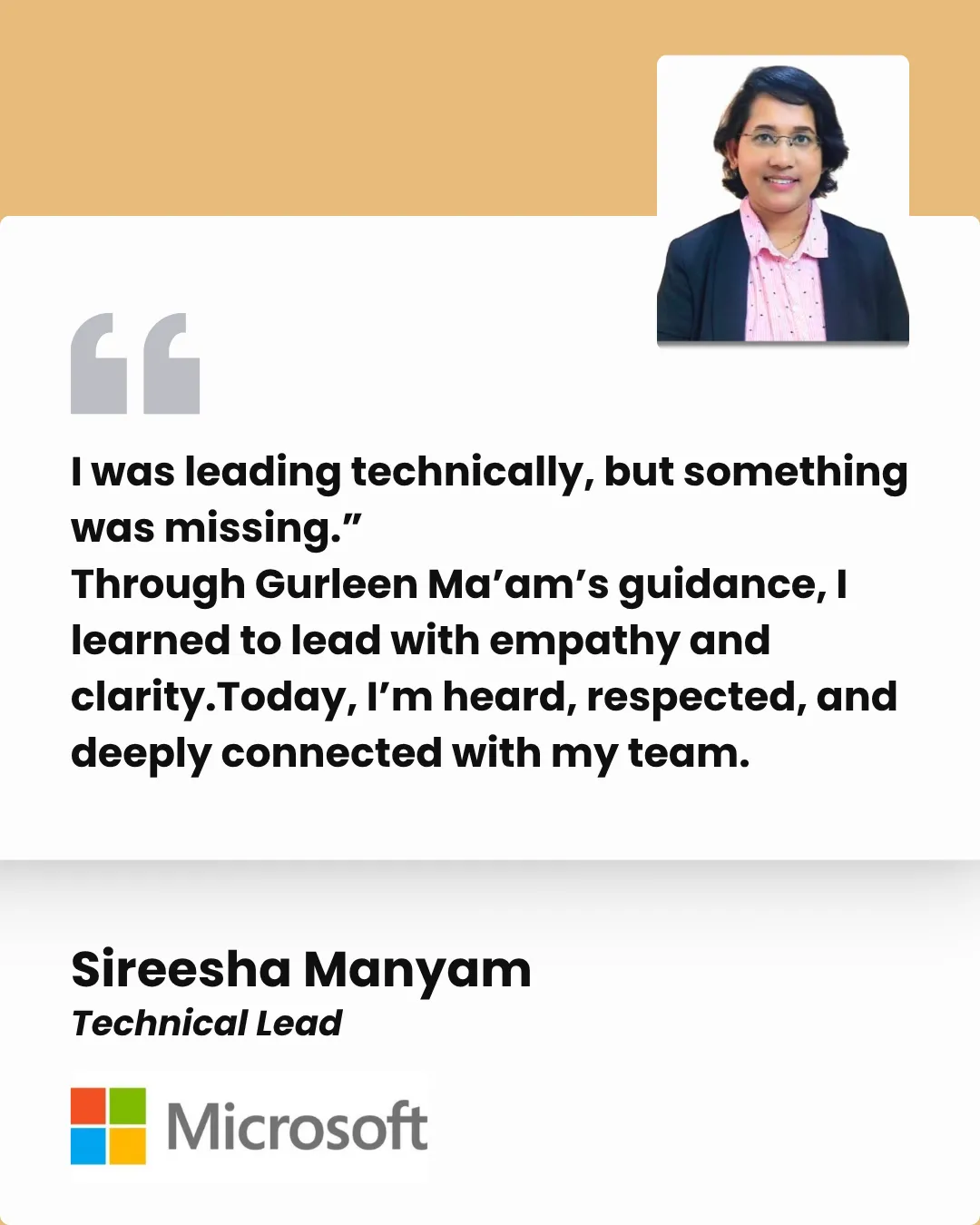 Client testimonial — Sireesha Manyam, Technical Lead, Microsoft