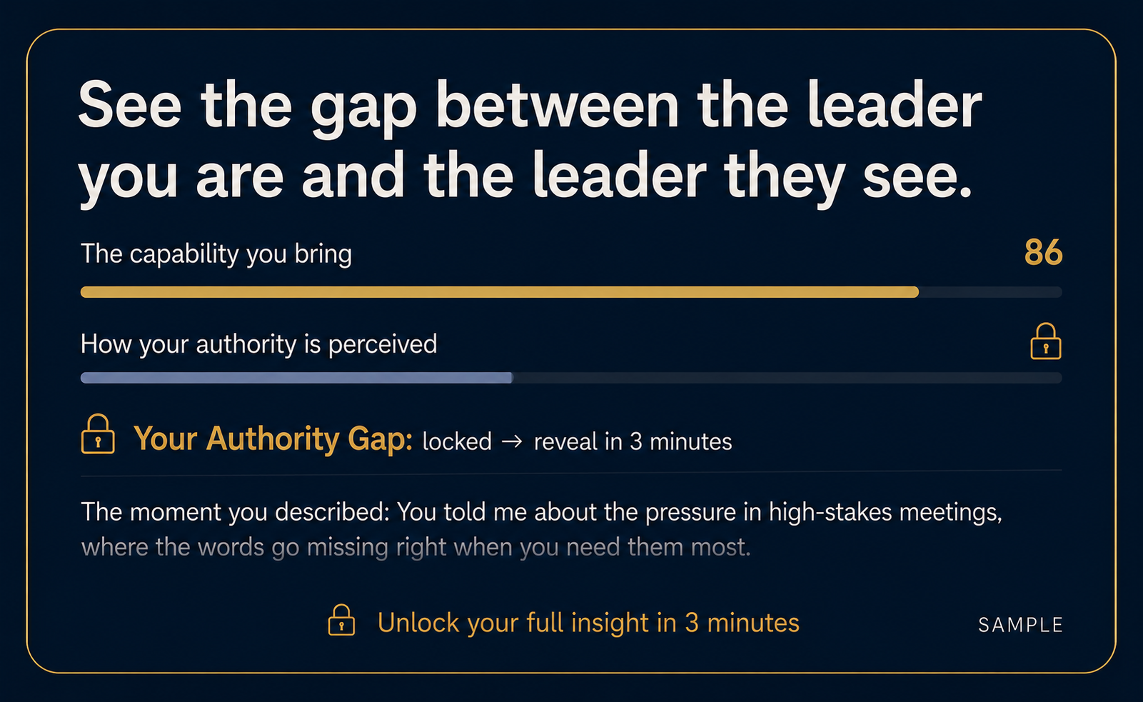 Sample Communication Intelligence Insight card showing your capability score, perceived authority, and locked authority gap reveal